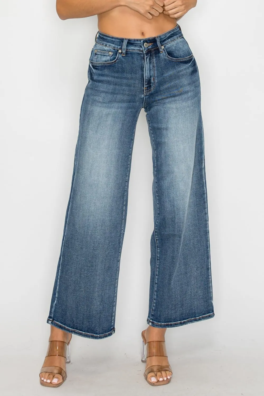 High Waist Stretchy Wide Leg Jeans for Women Plus Size Washed Blue Denim Pants Raw Hem Casual Outing