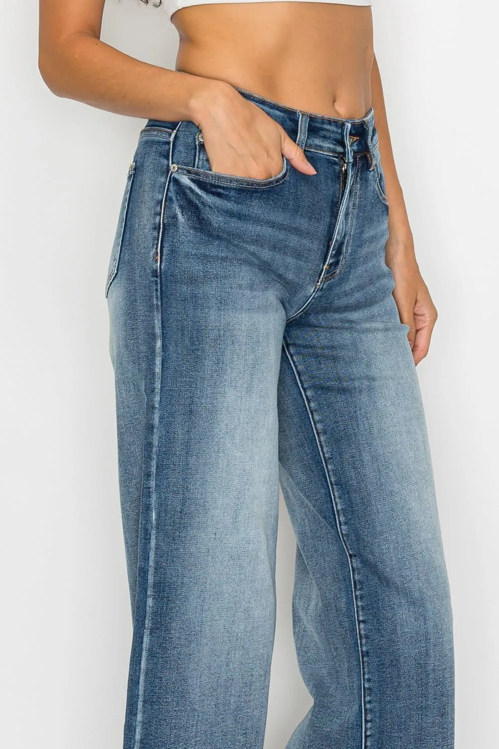 High Waist Stretchy Wide Leg Jeans for Women Plus Size Washed Blue Denim Pants Raw Hem Casual Outing