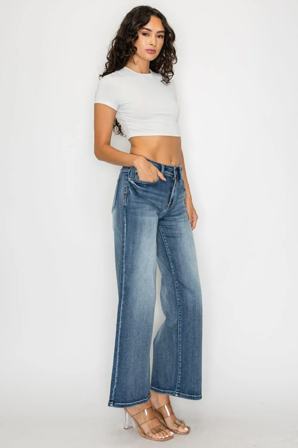 High Waist Stretchy Wide Leg Jeans for Women Plus Size Washed Blue Denim Pants Raw Hem Casual Outing