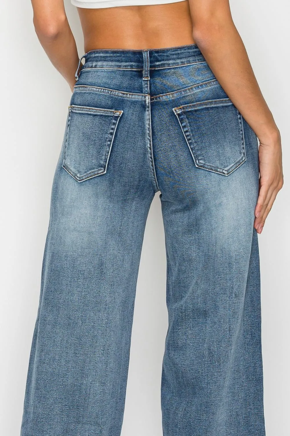 High Waist Stretchy Wide Leg Jeans for Women Plus Size Washed Blue Denim Pants Raw Hem Casual Outing