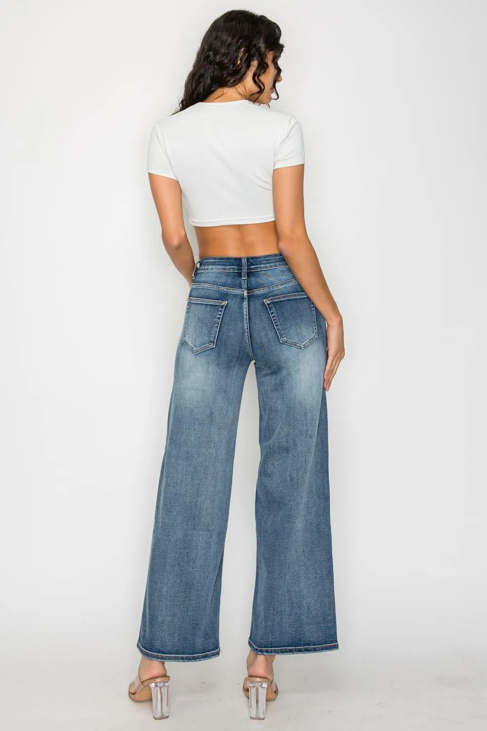 High Waist Stretchy Wide Leg Jeans for Women Plus Size Washed Blue Denim Pants Raw Hem Casual Outing