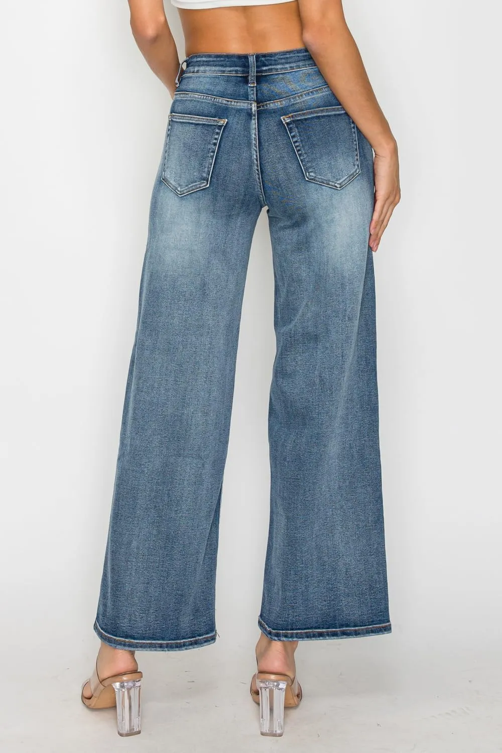 High Waist Stretchy Wide Leg Jeans for Women Plus Size Washed Blue Denim Pants Raw Hem Casual Outing