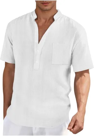 Hippie T-Shirt for Men Solid Color Business Short Sleeve Henley Collar Tees Tops Summer Casual Regular Work Blouse