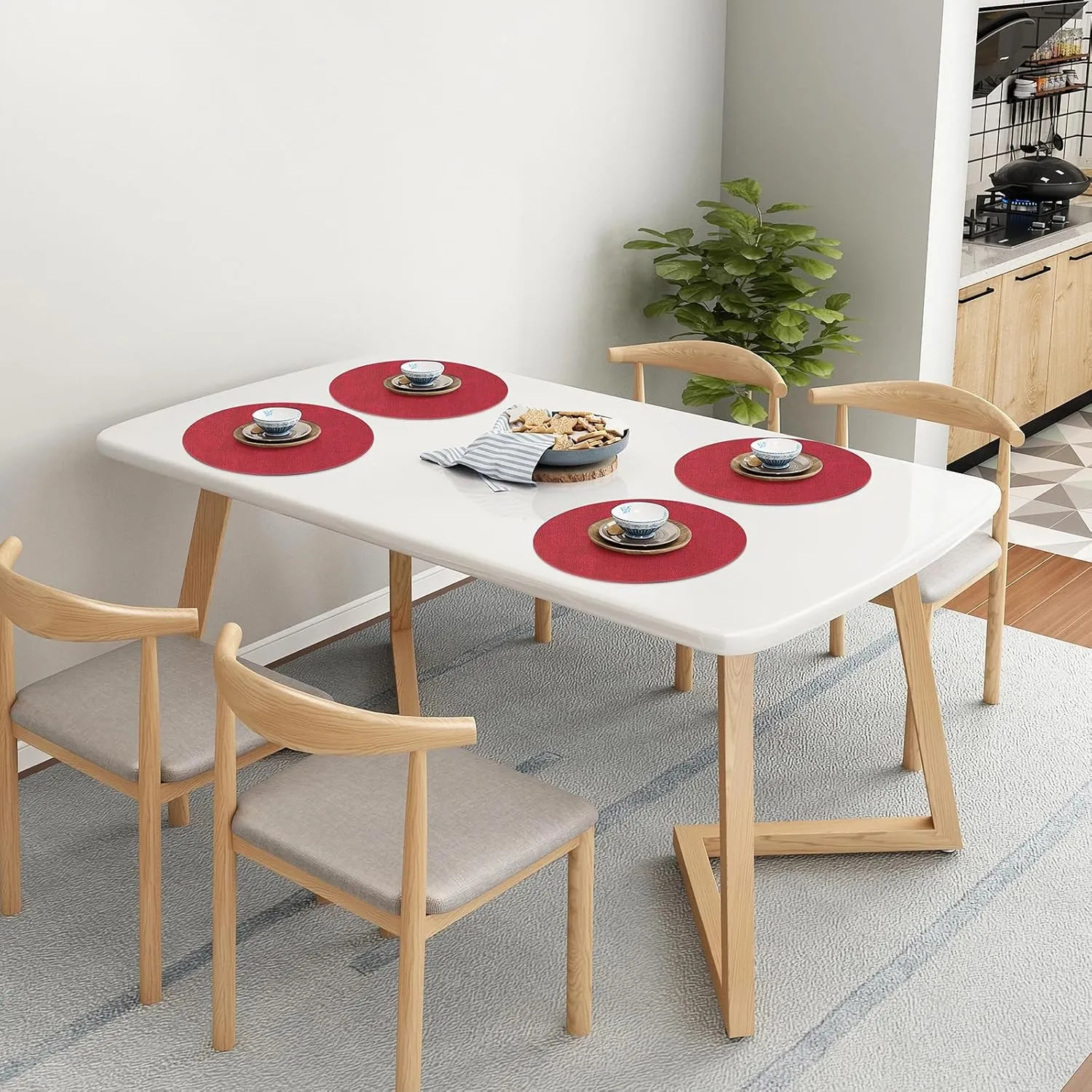 Homaxy Round Faux Leather Placemats and Coasters, Washable Dual-Side Table Mats, Wipeable Heat-Resistant Dining Place Mats for Outdoor and Indoor, Set of 6, Diameter 13 and 3.93 inch, Red