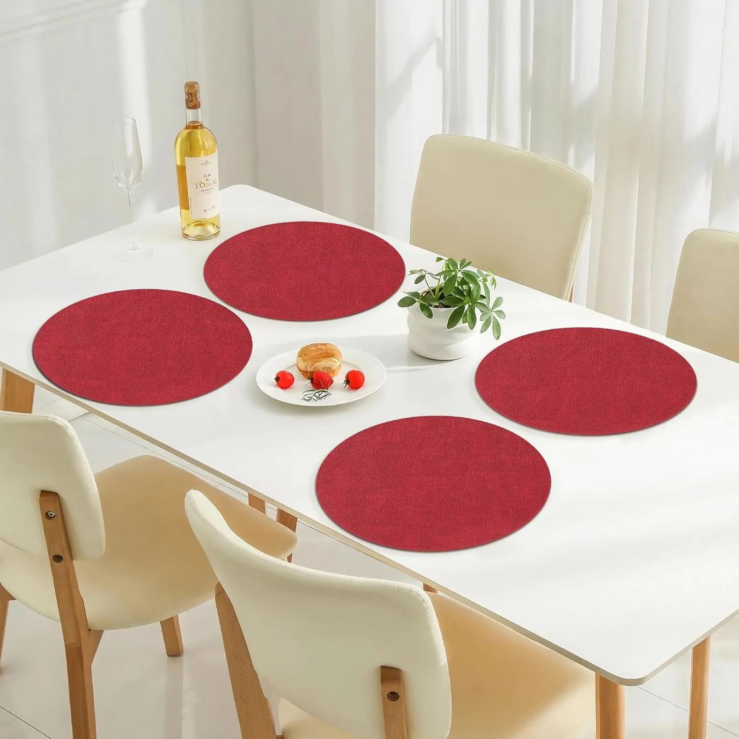 Homaxy Round Faux Leather Placemats and Coasters, Washable Dual-Side Table Mats, Wipeable Heat-Resistant Dining Place Mats for Outdoor and Indoor, Set of 6, Diameter 13 and 3.93 inch, Red