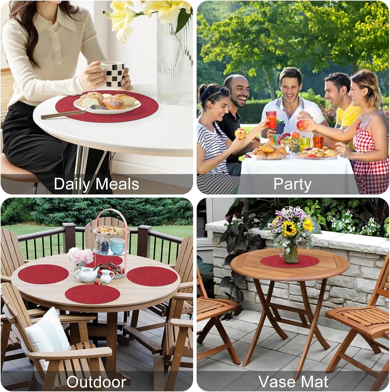 Homaxy Round Faux Leather Placemats and Coasters, Washable Dual-Side Table Mats, Wipeable Heat-Resistant Dining Place Mats for Outdoor and Indoor, Set of 6, Diameter 13 and 3.93 inch, Red