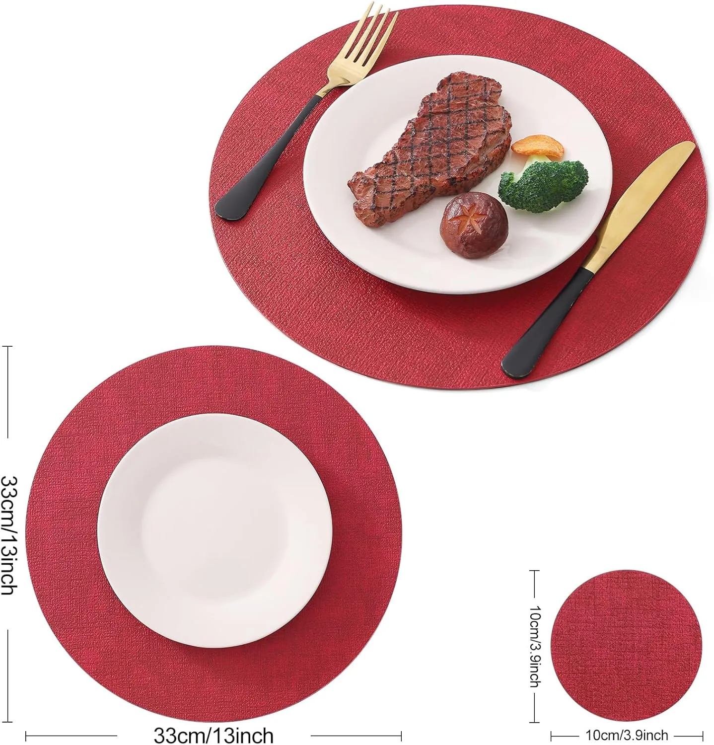 Homaxy Round Faux Leather Placemats and Coasters, Washable Dual-Side Table Mats, Wipeable Heat-Resistant Dining Place Mats for Outdoor and Indoor, Set of 6, Diameter 13 and 3.93 inch, Red