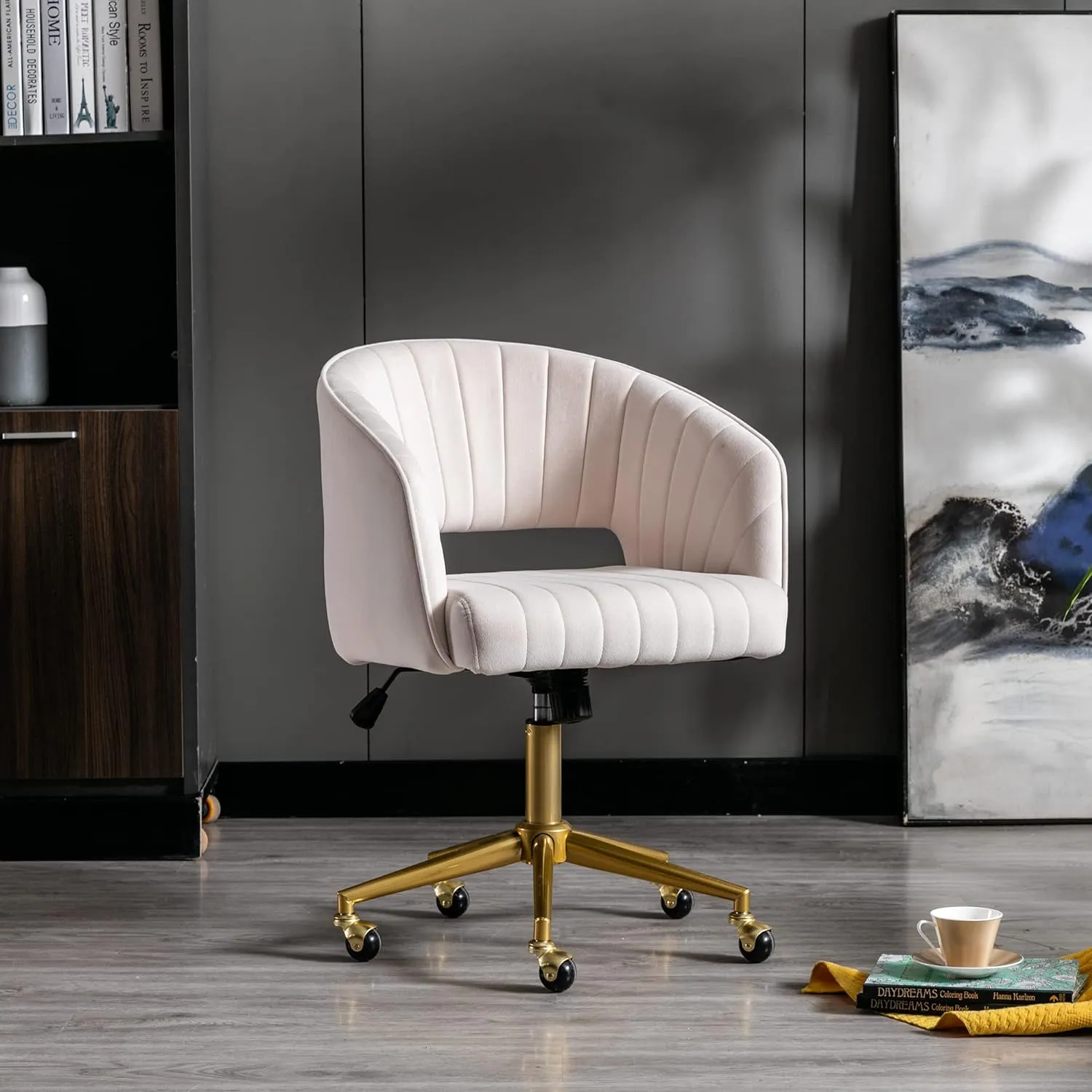 Home Office Chair Swivel Velvet Desk Chair Accent Armchair Upholstered Modern Tufted Chairs with Gold Base for Girls Women Ergonomic Study Seat Computer Task Stools for Living Room(Cream)