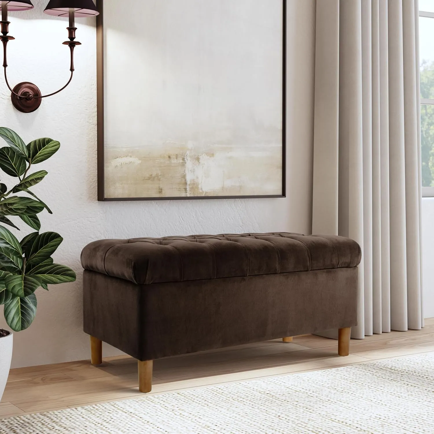 HomePop Home Decor | Tufted Ainsley Button Storage Ottoman Bench with Hinged Lid | Ottoman Bench with Storage for Living Room & Bedroom, Chocolate Brown Velvet