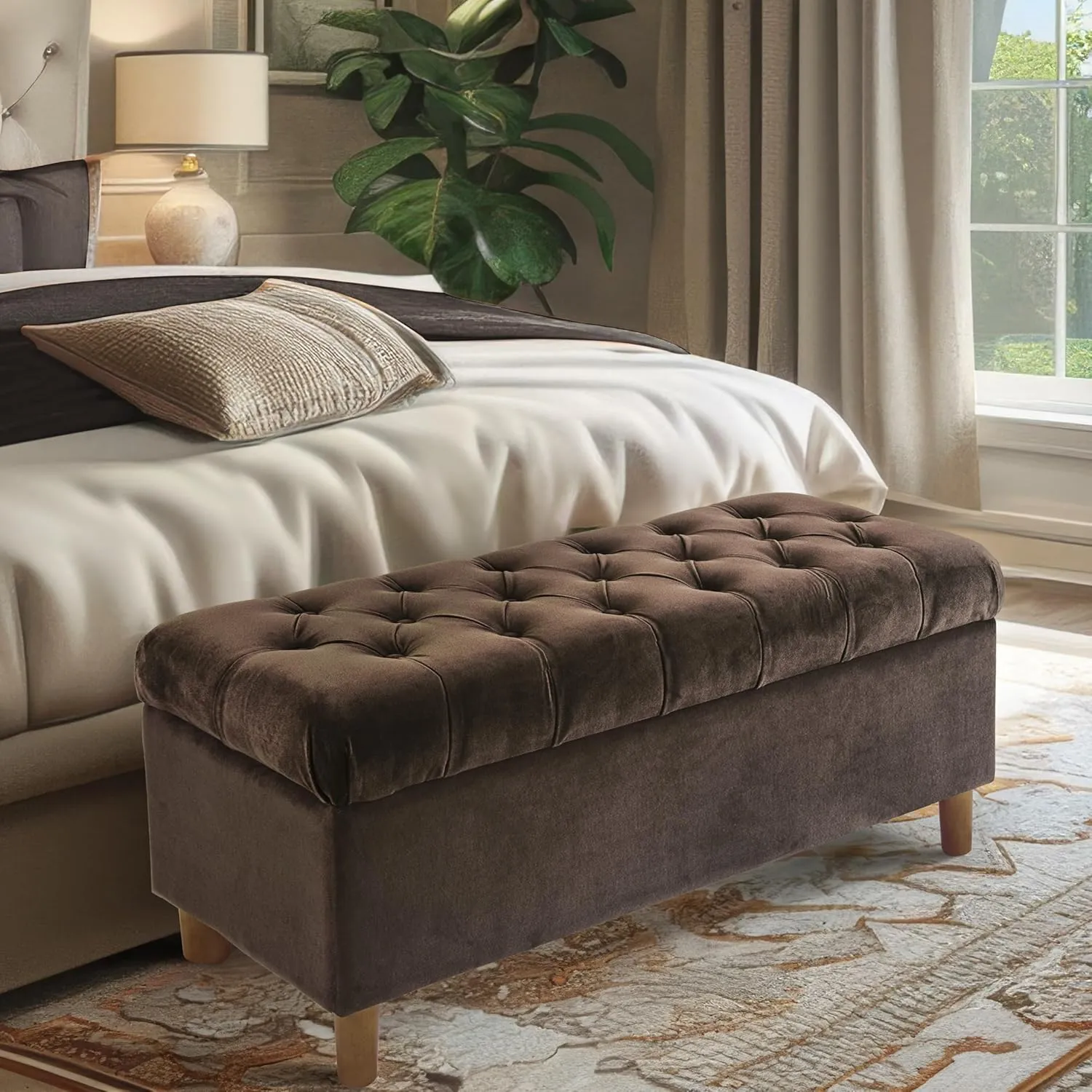 HomePop Home Decor | Tufted Ainsley Button Storage Ottoman Bench with Hinged Lid | Ottoman Bench with Storage for Living Room & Bedroom, Chocolate Brown Velvet