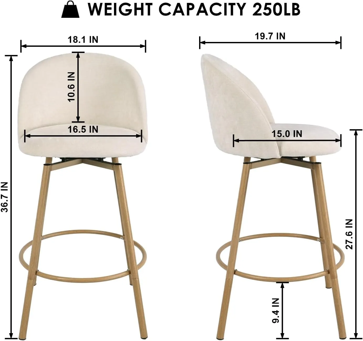 Homy Casa 27.6" Velvet Bar Stool Set of 4 – Soft Cloud-Touch Seat with Curved Back, Wood Grain Metal Legs & Armless Design for Kitchen Island or Home Bar, Beige