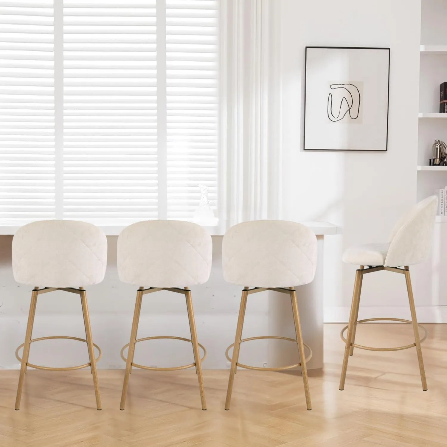 Homy Casa 27.6" Velvet Bar Stool Set of 4 – Soft Cloud-Touch Seat with Curved Back, Wood Grain Metal Legs & Armless Design for Kitchen Island or Home Bar, Beige