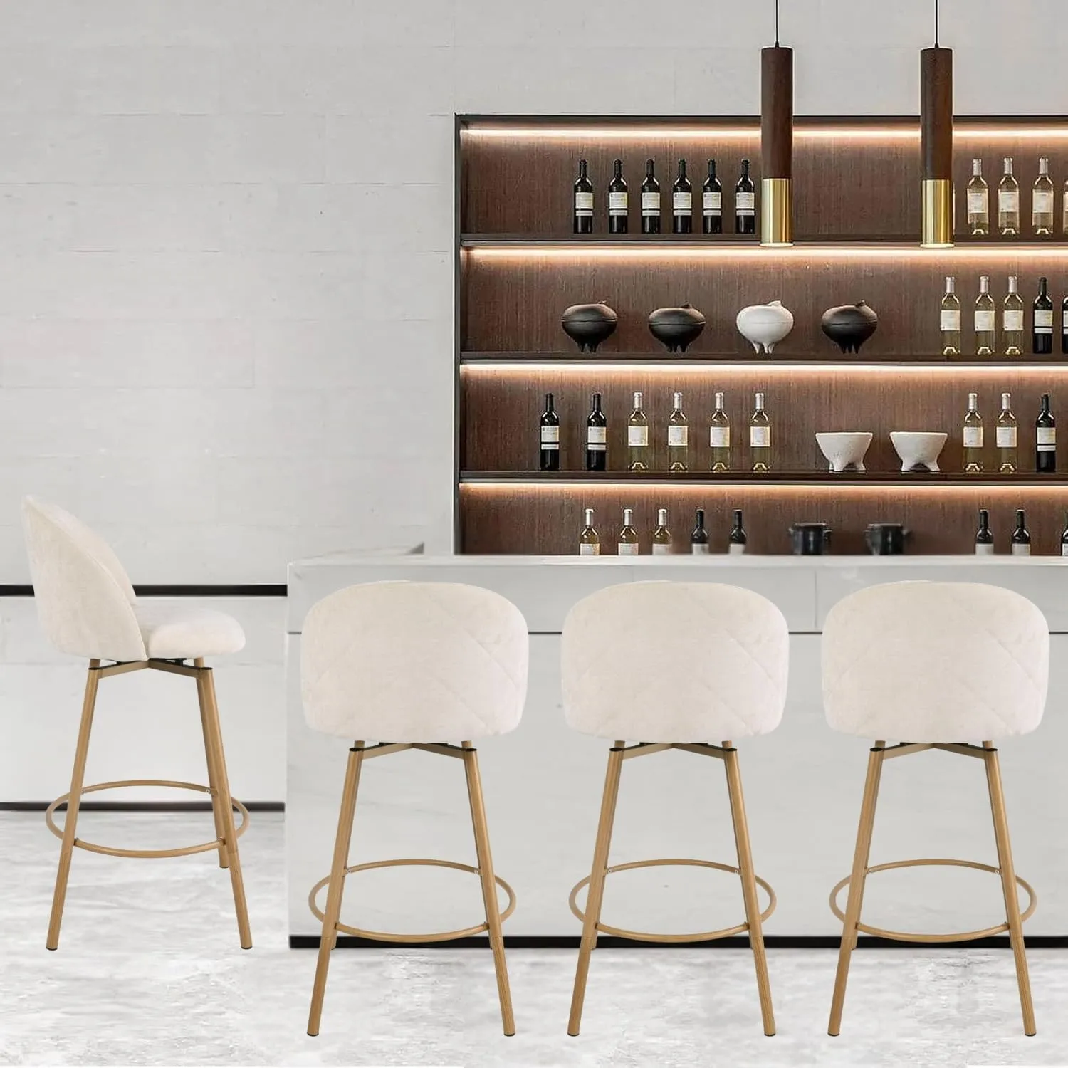 Homy Casa 27.6" Velvet Bar Stool Set of 4 – Soft Cloud-Touch Seat with Curved Back, Wood Grain Metal Legs & Armless Design for Kitchen Island or Home Bar, Beige