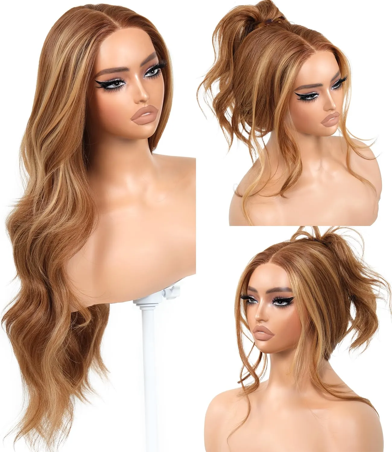 Honey Blonde Body Wave Glueless Wigs With Bangs Synthetic Lace Front Wigs Pre Plucked Pre Cut HD Lace 13x5x1 Middle Part Wigs For Woman 26 Inch