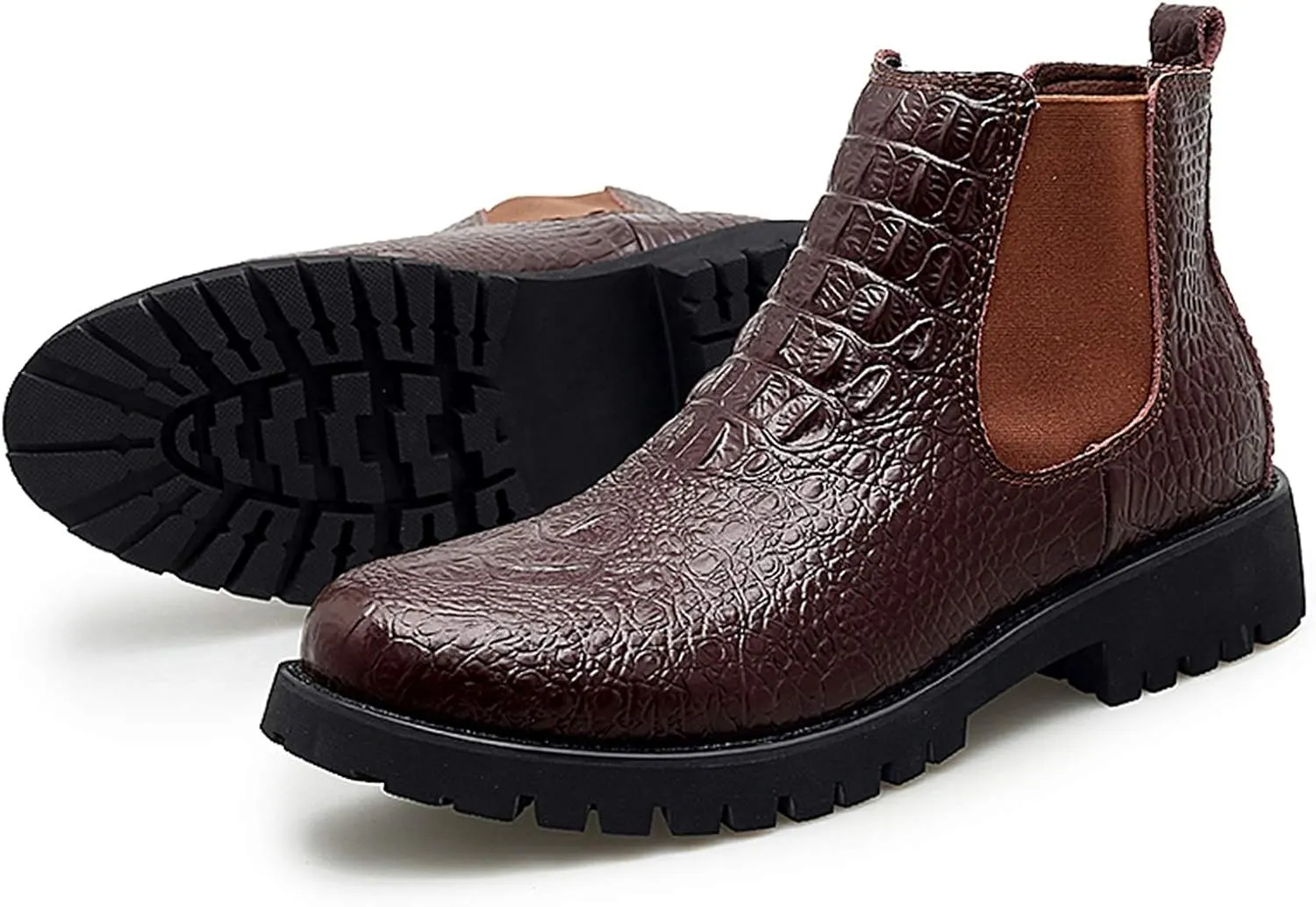 HOOENG Chelsea Boots for Men Round Toe Faux Crocodile Print Leather Waterproof Wearable On Non Slip Anti-Slip Classic Casual