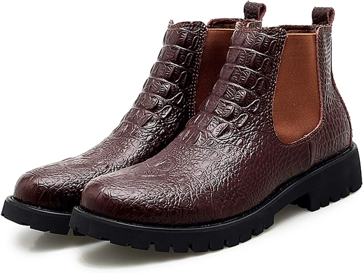 HOOENG Chelsea Boots for Men Round Toe Faux Crocodile Print Leather Waterproof Wearable On Non Slip Anti-Slip Classic Casual