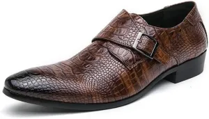 HOOENG Formal Shoes for Men Slip On Pointed Burnished Toe Faux Leather Crocodile Print Monk Strap Block Heel Slip Resistant Anti-Slip Outdoor(Color:Brown,Size:10.5)