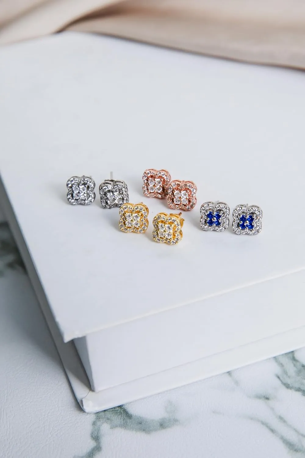 Hoops & Loops 925 Sterling Silver Cubic Zirconia Four Leaf Clover Dainty Stud Earrings for Women