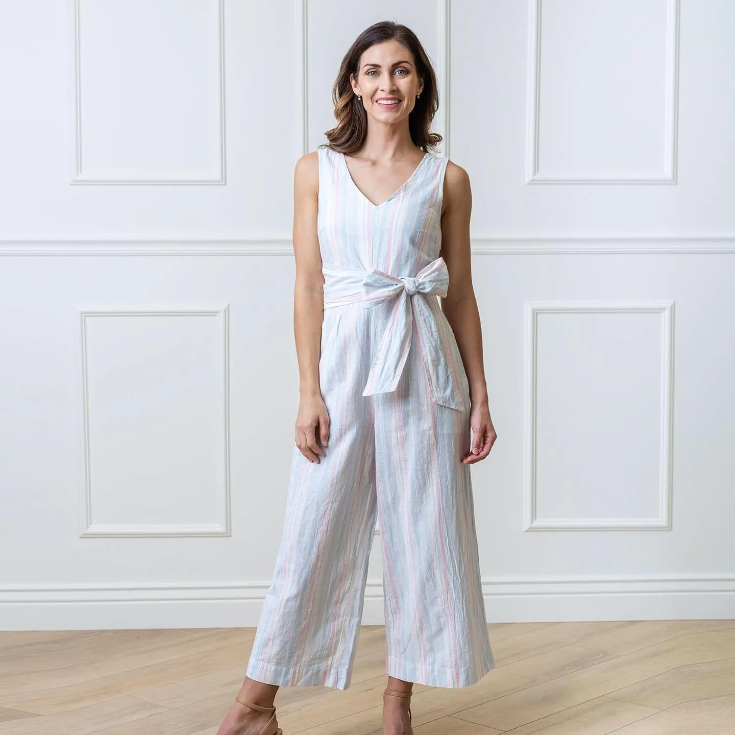 Hope & Henry Women's Woven Sleeveless Tie-Waist Jumpsuit with Wide Leg