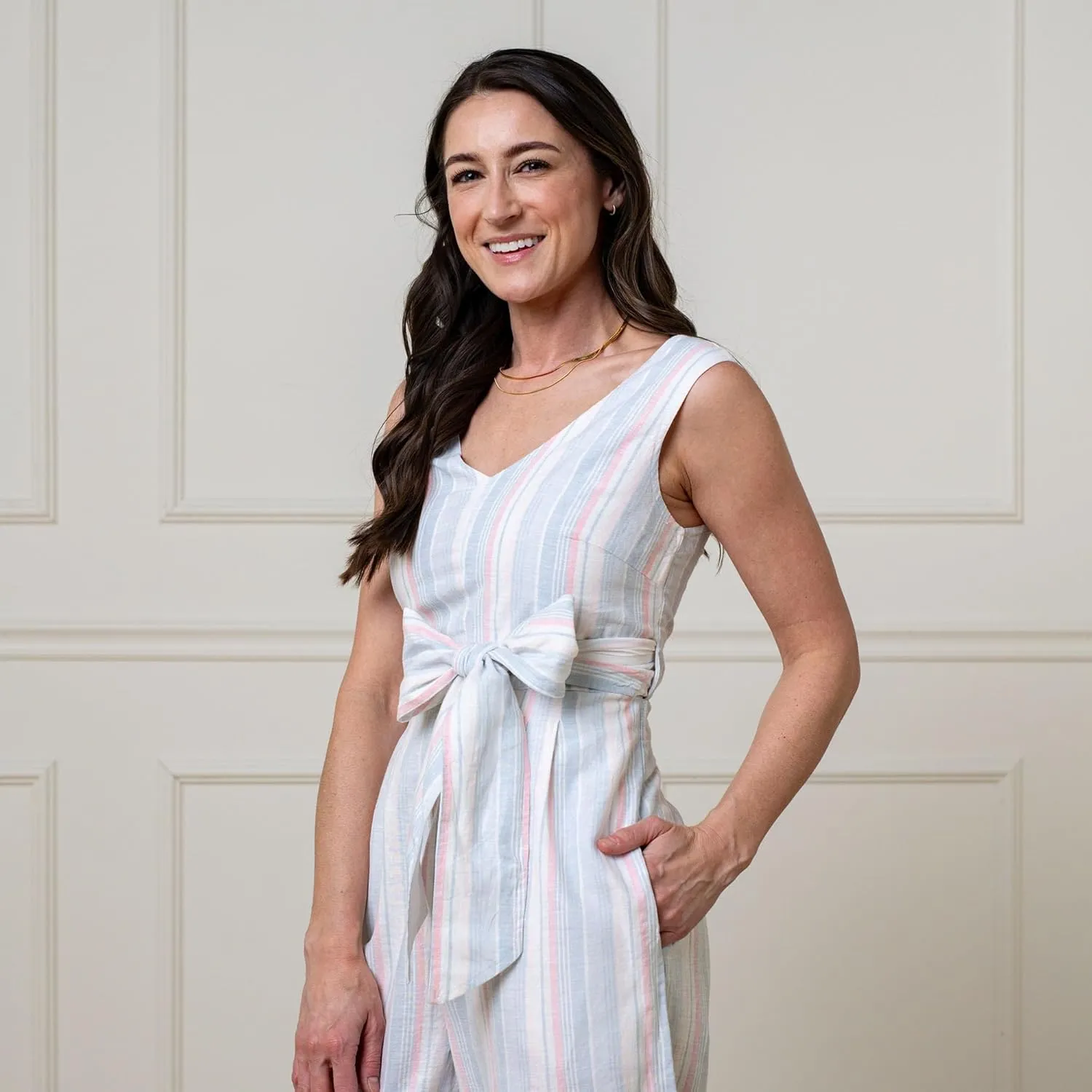 Hope & Henry Women's Woven Sleeveless Tie-Waist Jumpsuit with Wide Leg