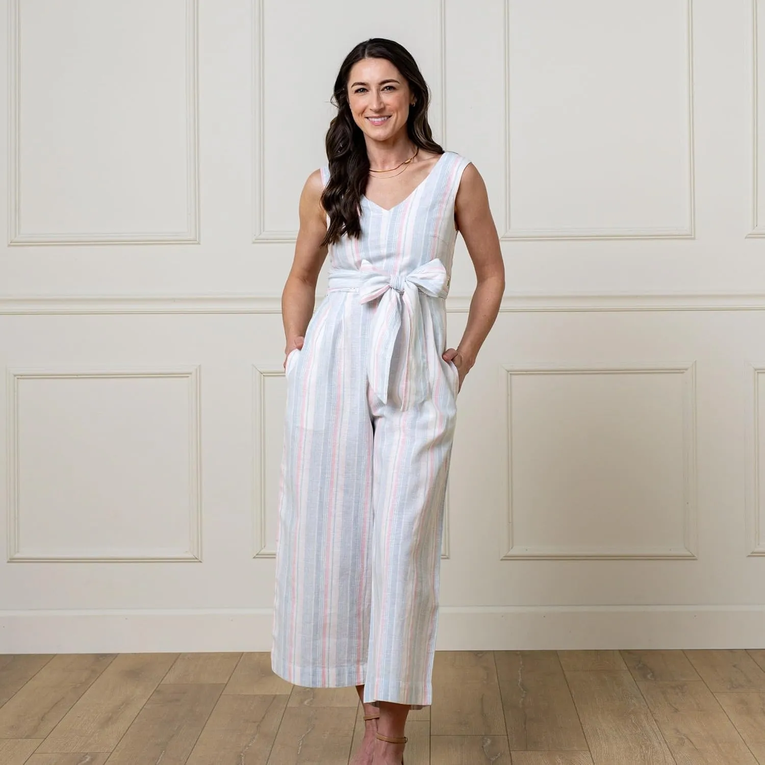 Hope & Henry Women's Woven Sleeveless Tie-Waist Jumpsuit with Wide Leg