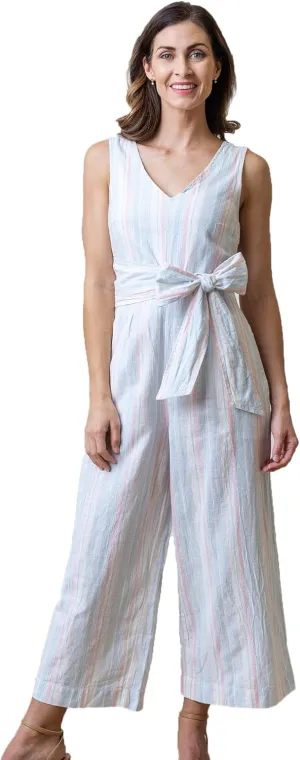 Hope & Henry Women's Woven Sleeveless Tie-Waist Jumpsuit with Wide Leg