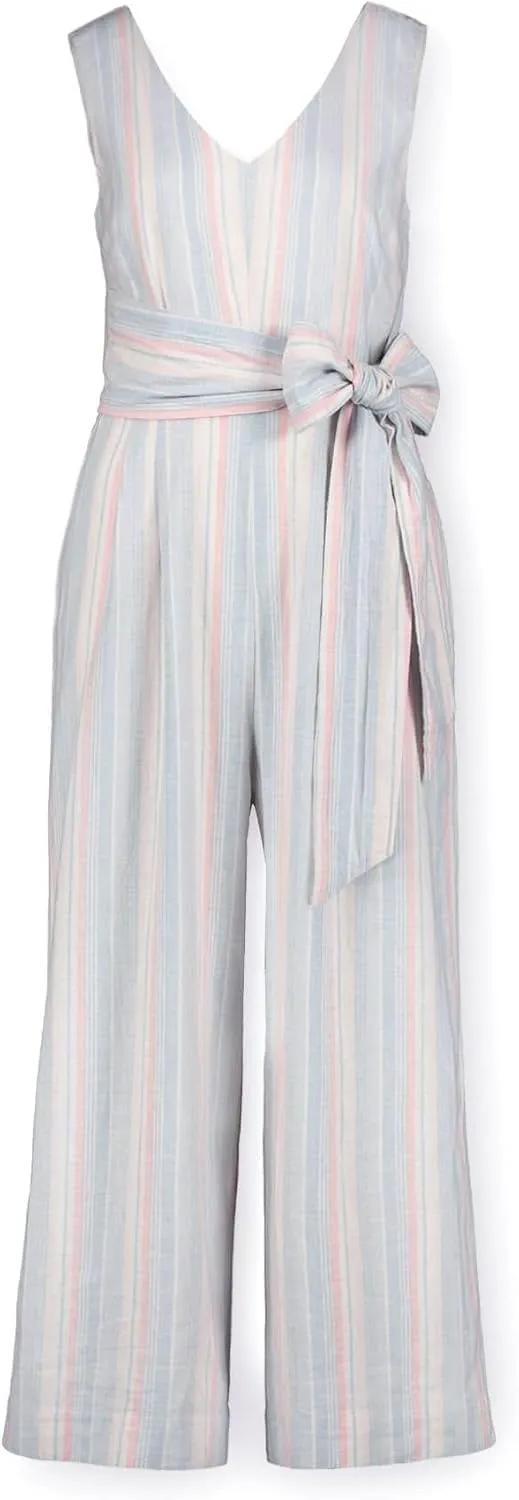 Hope & Henry Women's Woven Sleeveless Tie-Waist Jumpsuit with Wide Leg