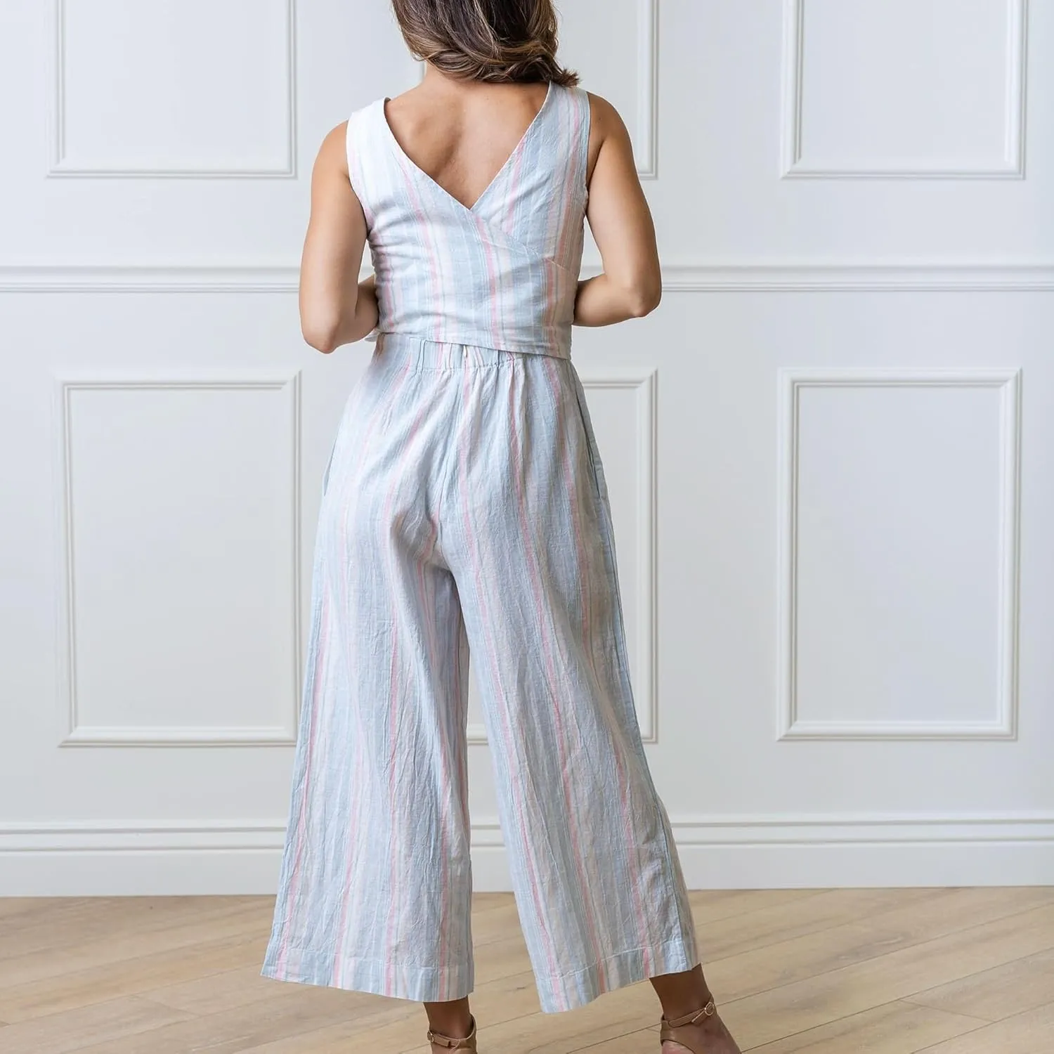 Hope & Henry Women's Woven Sleeveless Tie-Waist Jumpsuit with Wide Leg