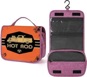 Hot Rod,Toiletry Bag for Women,Hot Rod Poster Design with Custom Truck,Water-resistant Hanging Bathroom Travel Makeup Organizer,Cosmetic Case Traveling for Full Accessories,Black Orange