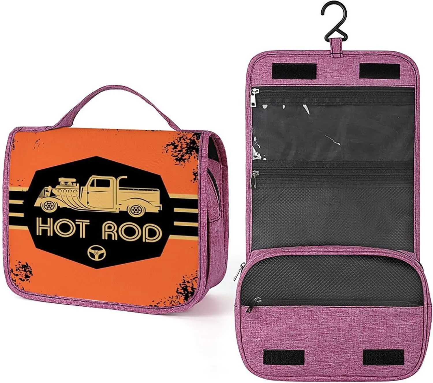 Hot Rod,Toiletry Bag for Women,Hot Rod Poster Design with Custom Truck,Water-resistant Hanging Bathroom Travel Makeup Organizer,Cosmetic Case Traveling for Full Accessories,Black Orange