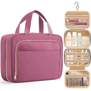 HOTOR Travel Toiletry Bag for Women & Men, Waterproof Makeup Bag with Hanging Hook and Multiple Pockets, Cosmetic Bags for Women, Travel Essentials, 11.2'' x 3.2'' x 8.9'', Rosewood-Pink