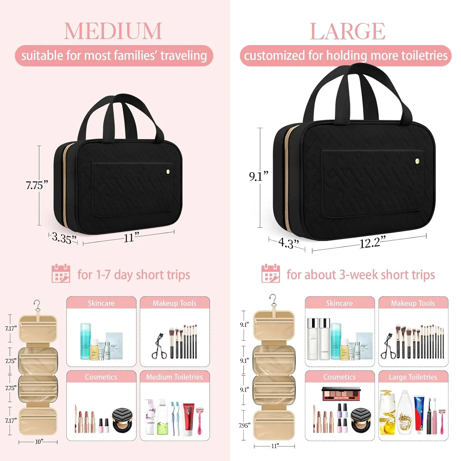 HOTOR Travel Toiletry Bag for Women with Hanging Hook - Portable Cosmetic Case, Toiletry Bag for Traveling Women, Waterproof Travel Essentials, Large, Black