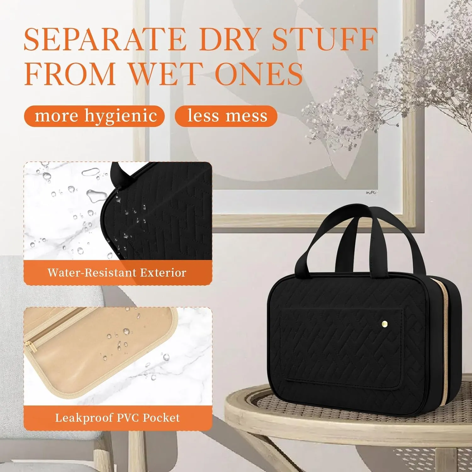 HOTOR Travel Toiletry Bag for Women with Hanging Hook - Portable Cosmetic Case, Toiletry Bag for Traveling Women, Waterproof Travel Essentials, Large, Black