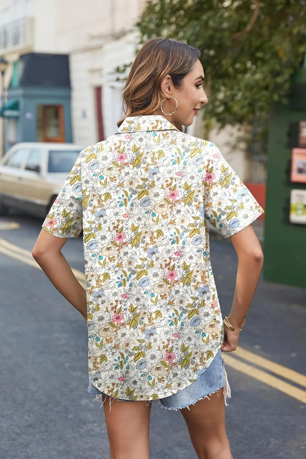 HOTOUCH Cotton Linen Button Down Shirt for Women V Neck Collared Blouse Casual Short Sleeve Tops with Pocket
