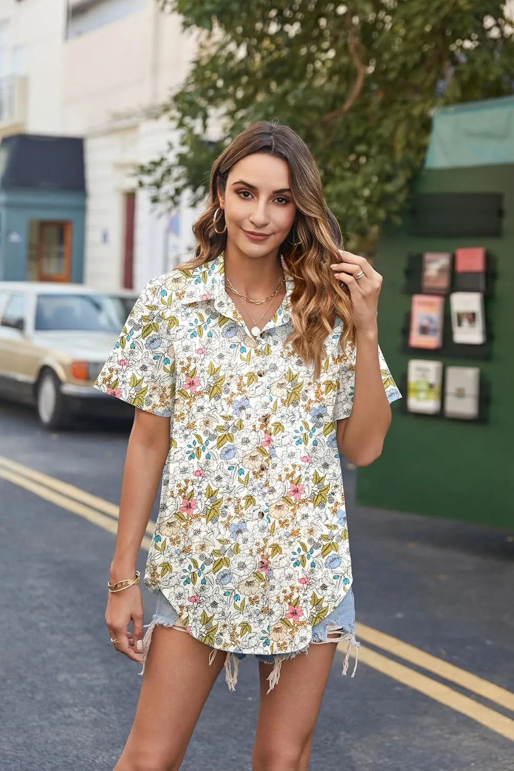 HOTOUCH Cotton Linen Button Down Shirt for Women V Neck Collared Blouse Casual Short Sleeve Tops with Pocket