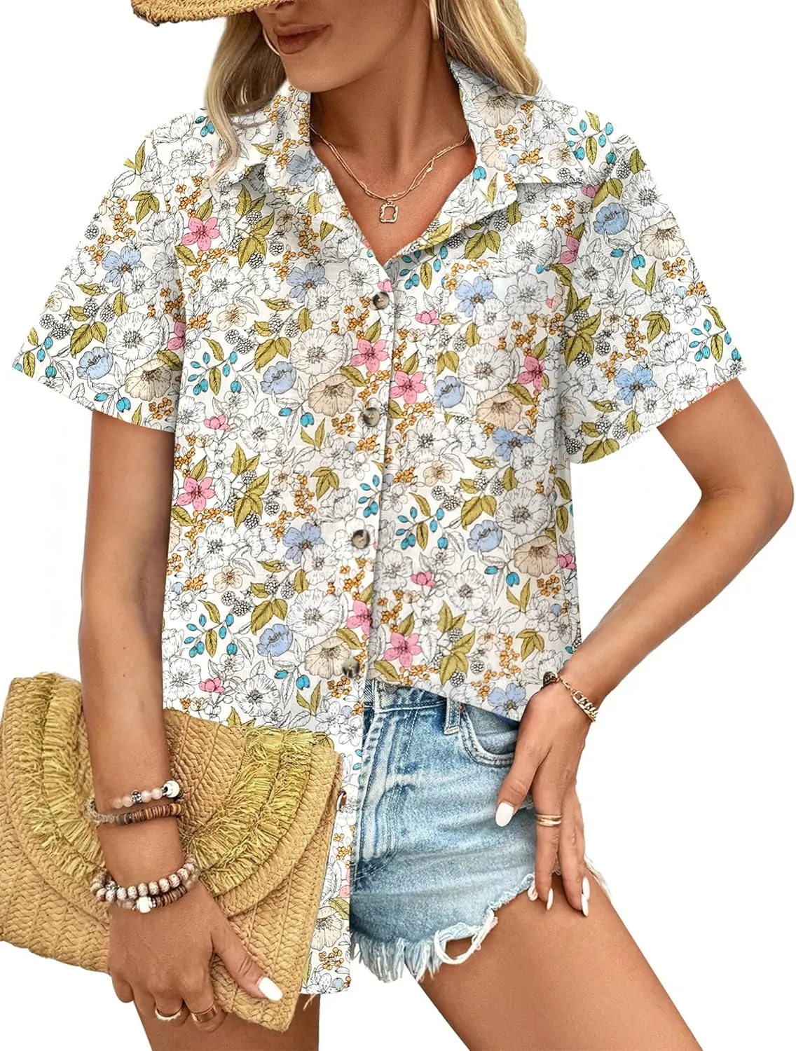 HOTOUCH Cotton Linen Button Down Shirt for Women V Neck Collared Blouse Casual Short Sleeve Tops with Pocket