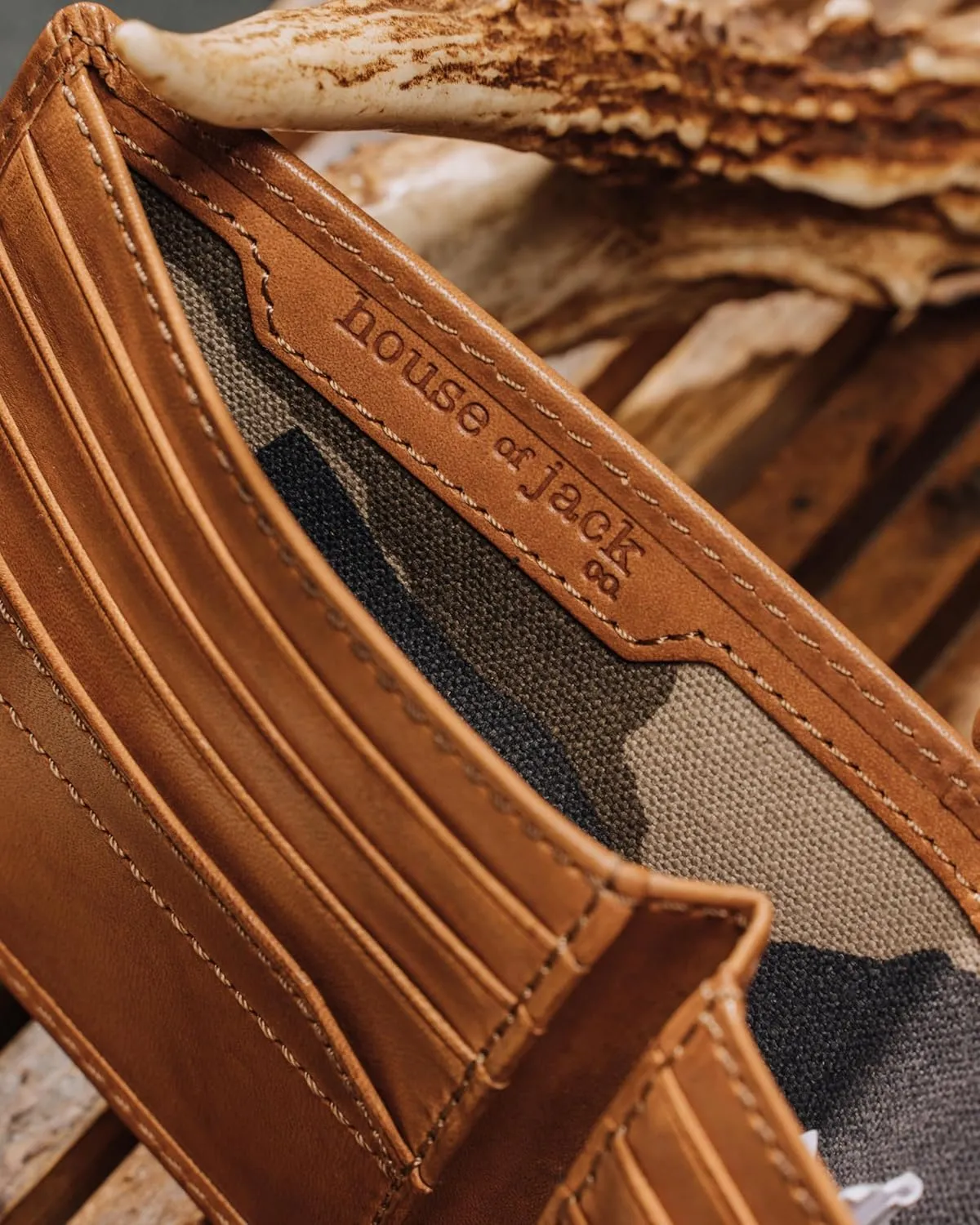 House of Jack Co. Deer In The Woods Bifold Wallet for Men and Outdoorsmen with Camou Lining, Full Grain Italian Cowhide Leather Wallet, Tan