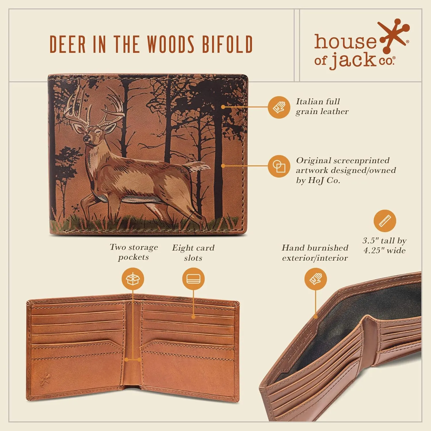 House of Jack Co. Deer In The Woods Bifold Wallet for Men and Outdoorsmen with Camou Lining, Full Grain Italian Cowhide Leather Wallet, Tan