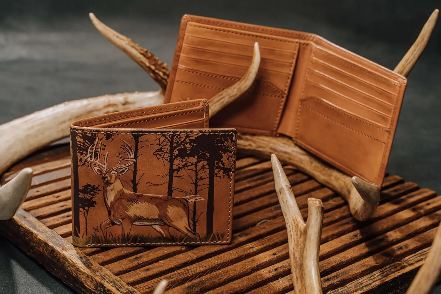 House of Jack Co. Deer In The Woods Bifold Wallet for Men and Outdoorsmen with Camou Lining, Full Grain Italian Cowhide Leather Wallet, Tan