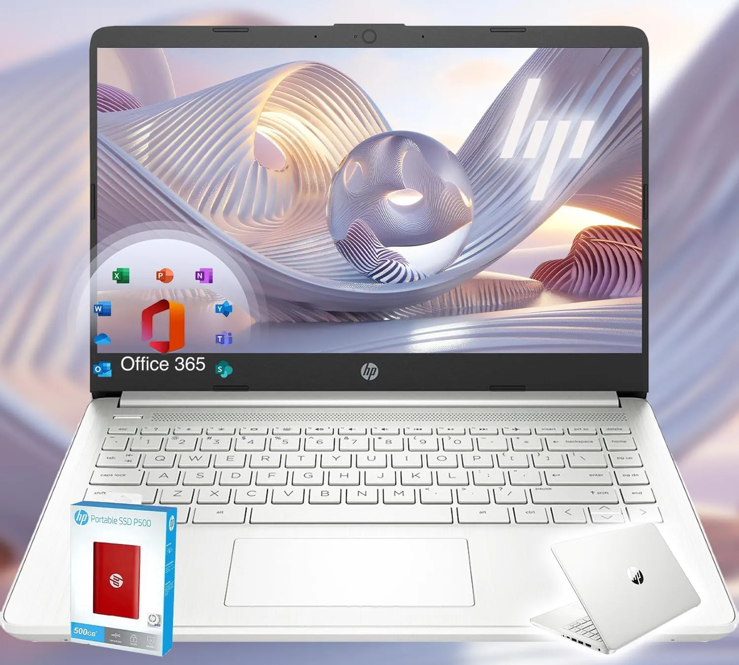 HP 14 Ultrabook • Back to School Limited Edition with Microsoft 365 • Intel 4-Core CPU • 16GB RAM • 1.6TB Storage (128GB OnBoard withHP 512GB P500 Portable SSD   1TB OneDrive) • Natural Silver • Win11