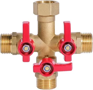 HQMPC Garden Hose Splitter Brass Hose Splitter With Stainless Steel Long Handle Brass Y Valve Water Garden Hose Adapter 3 Way Y Valve 3/4" GHT Thread Red Handle