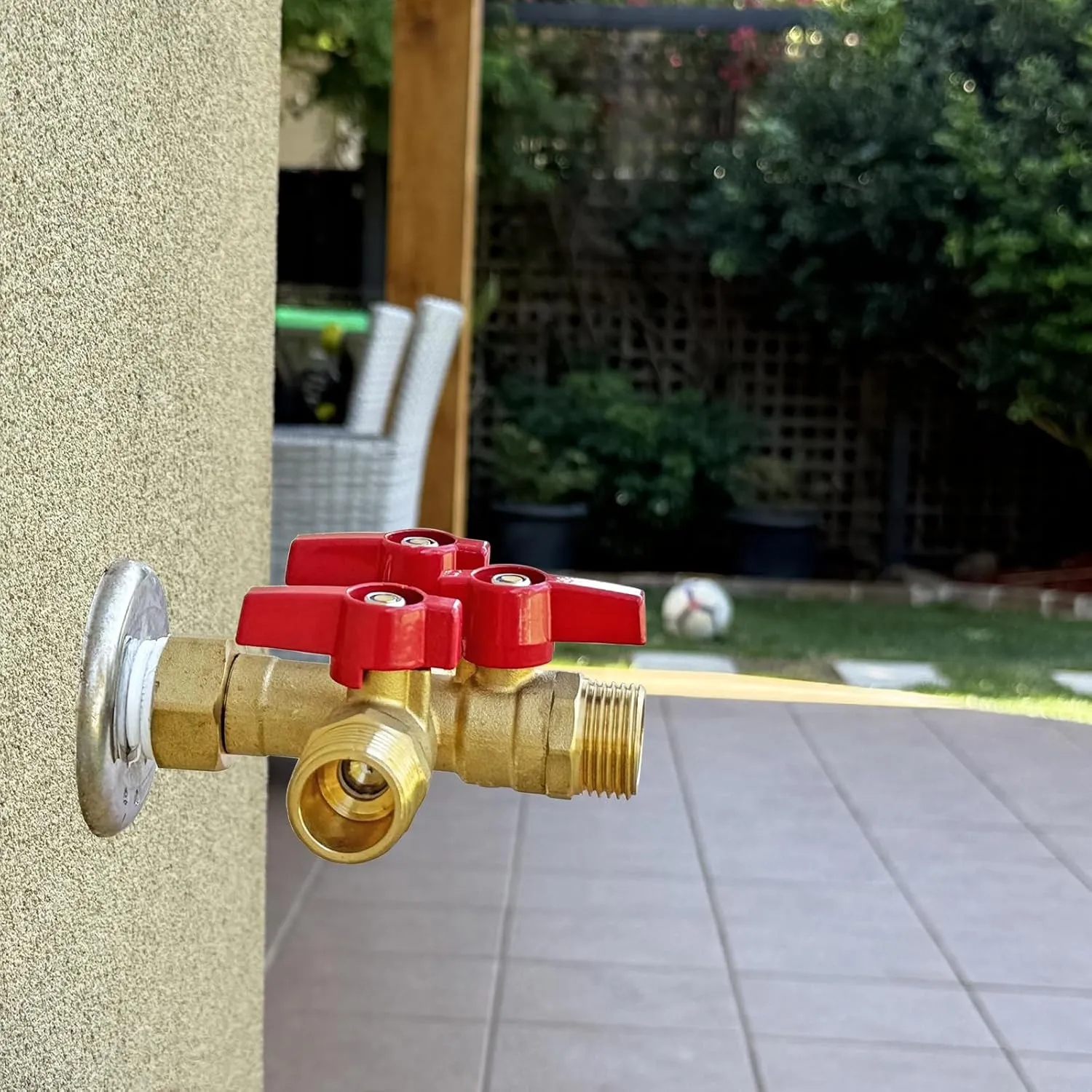 HQMPC Garden Hose Splitter Brass Hose Splitter With Stainless Steel Long Handle Brass Y Valve Water Garden Hose Adapter 3 Way Y Valve 3/4" GHT Thread Red Handle