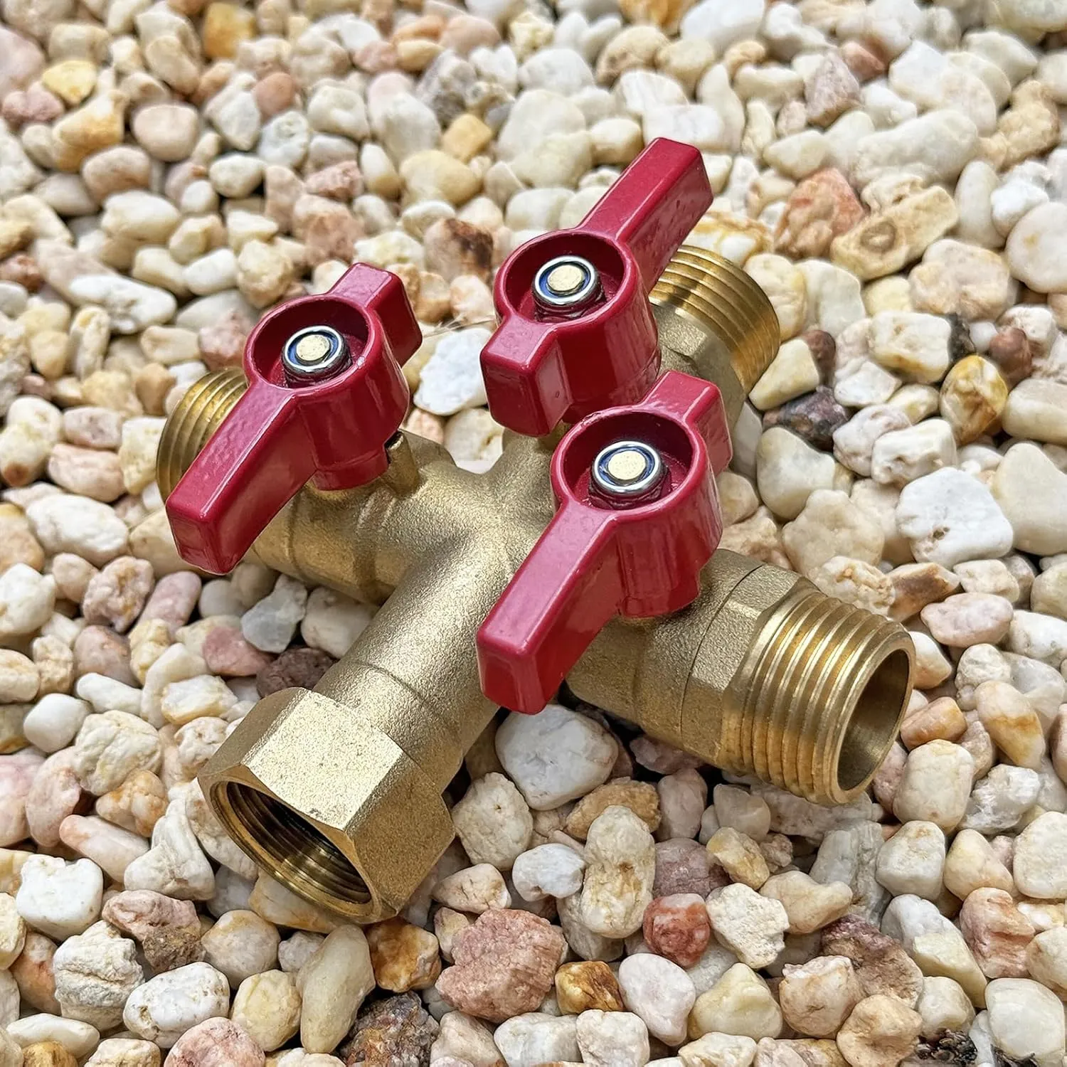 HQMPC Garden Hose Splitter Brass Hose Splitter With Stainless Steel Long Handle Brass Y Valve Water Garden Hose Adapter 3 Way Y Valve 3/4" GHT Thread Red Handle