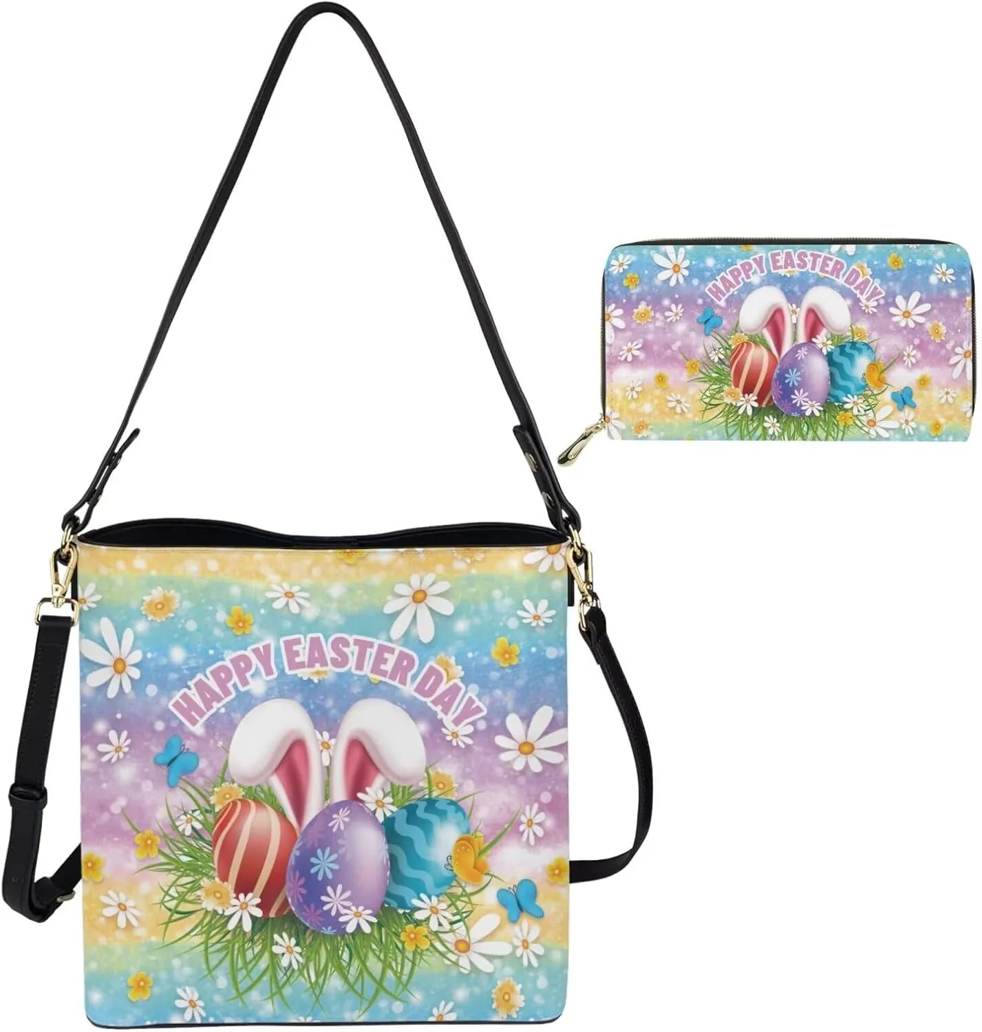 HUGS IDEA Leather Purses and Handbag for Women Bucket Bag with Wrist Wallet 2 Packs