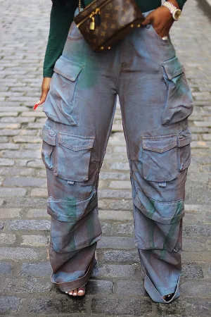 hulianfu Patchwork Multi Pocket Cool Gradient Jeans