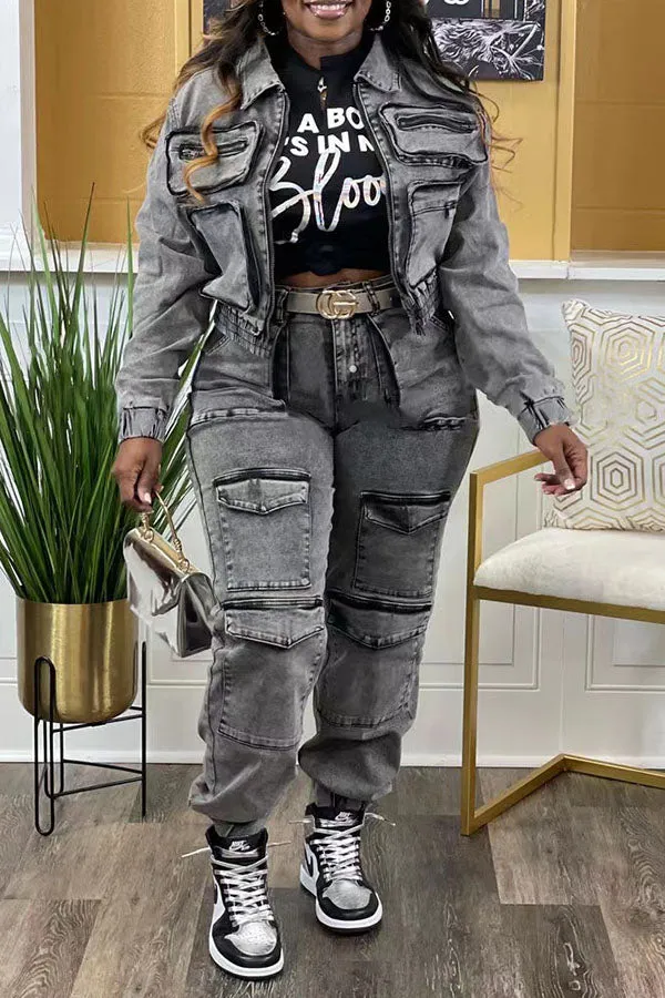 hulianfu Washed Denim Hippy Multi Pocket Pant Suit
