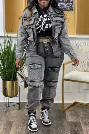 hulianfu Washed Denim Hippy Multi Pocket Pant Suit