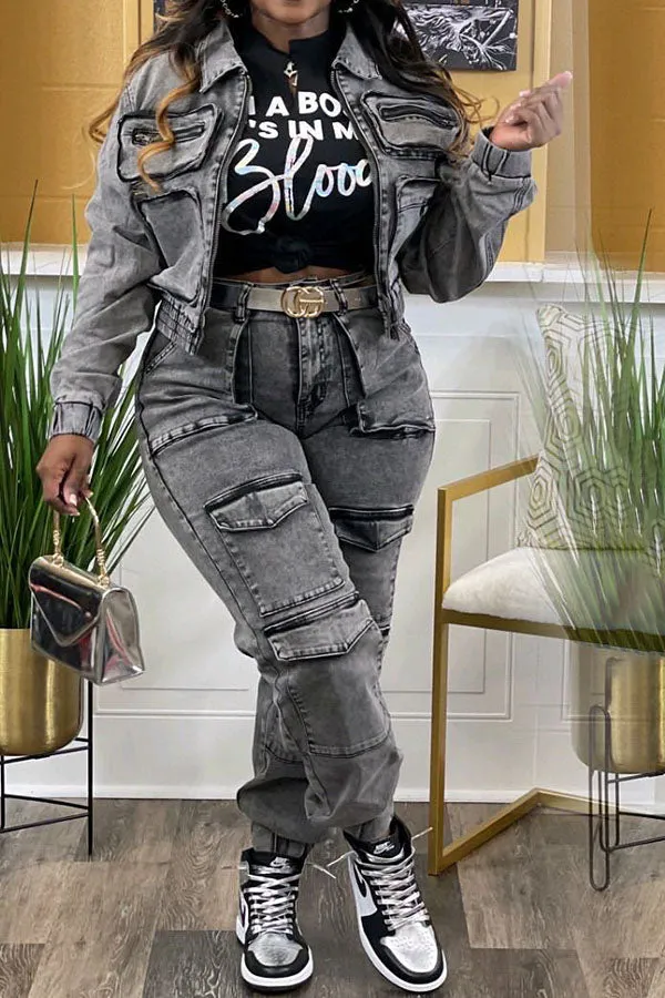 hulianfu Washed Denim Hippy Multi Pocket Pant Suit