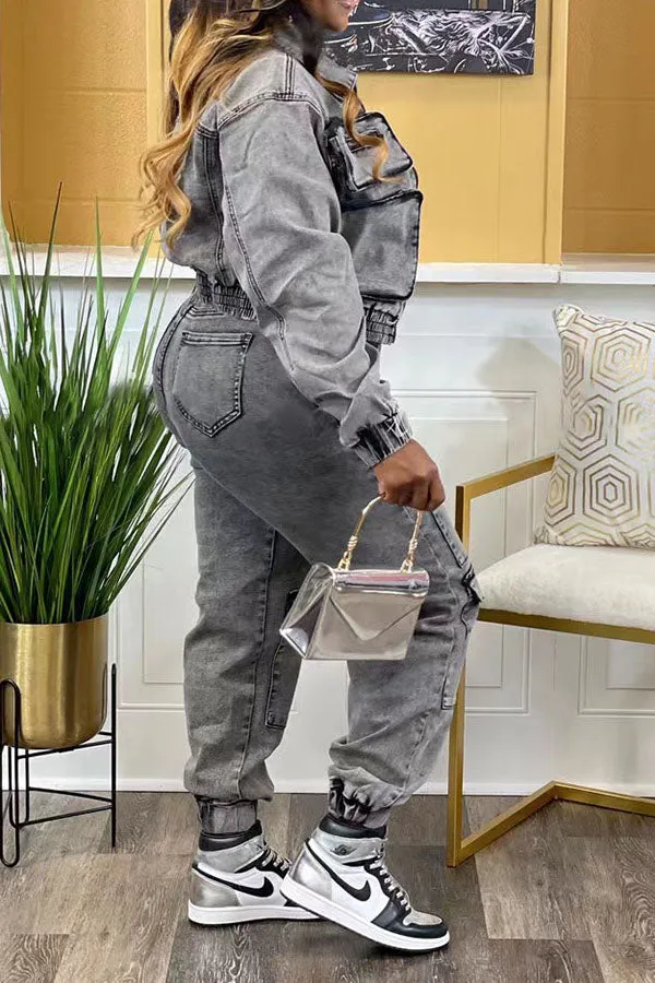 hulianfu Washed Denim Hippy Multi Pocket Pant Suit