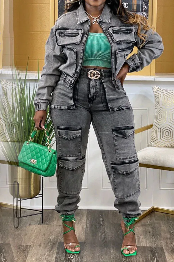 hulianfu Washed Denim Hippy Multi Pocket Pant Suit